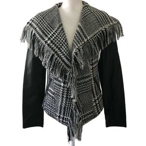 Guess Women's Wool Blend Faux Leather Arms Fringe Trim Plaid MOTO Jacket Sz M